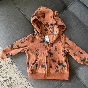 Carter's Fleece Zip Up with Hood, Brown with Black Reindeer, Size 3-6